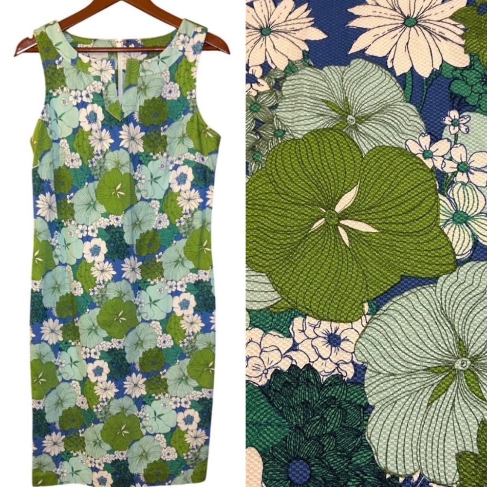 NWOT Talbots Floral Green and Blue Sleeveless Sheath Dress - Size 10